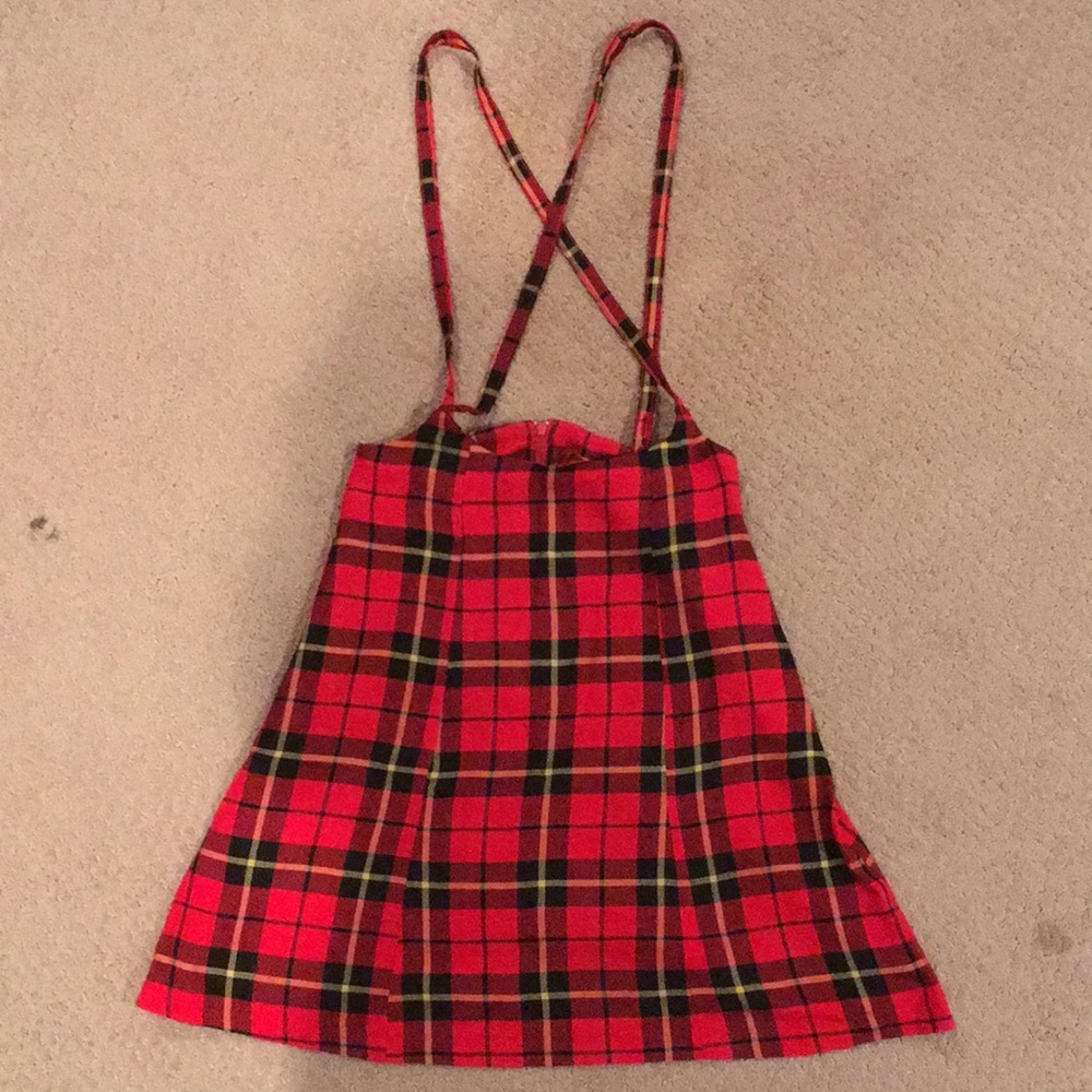 Red plaid suspender skirt